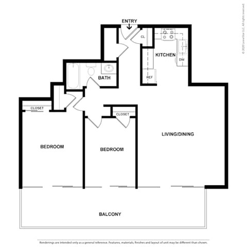 Floor plan for 2 beds, 1 bath, 867 sqft